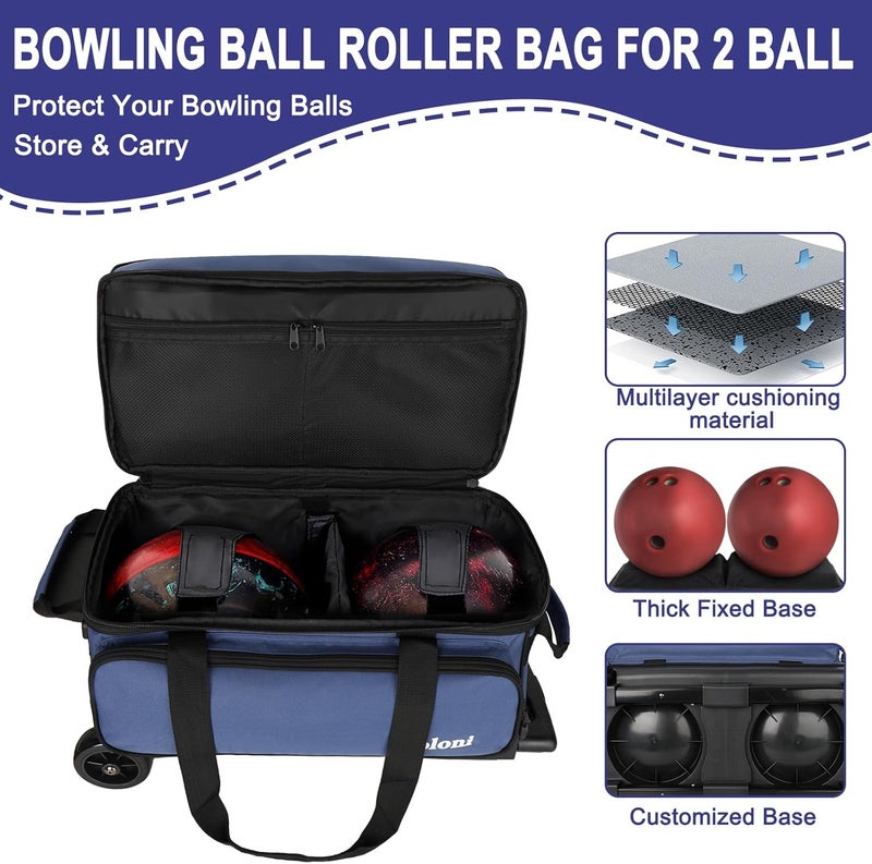 Goloni Double Roller 2 Ball Bowling Bag with Separate Shoe Compartment,2 Ball Bowling Bag with Wheels,Retractable Handle Extends to 40" - Image 2